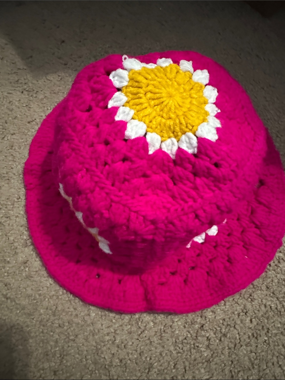 Bright Pink Crochet Daisy Bucket Hat for Women Handmade